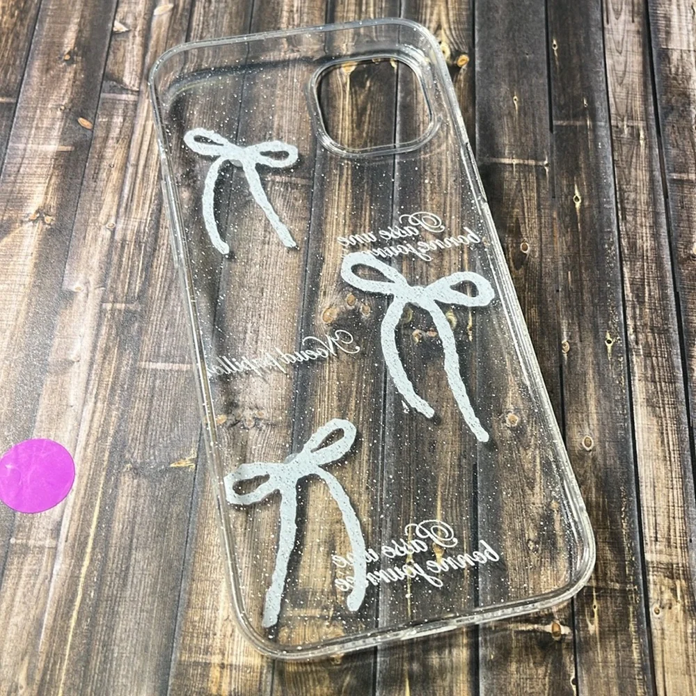 5for$10 Transparent Glitter Tie Ribbon Pearl Bow IPhone 15 Plus Phone Case